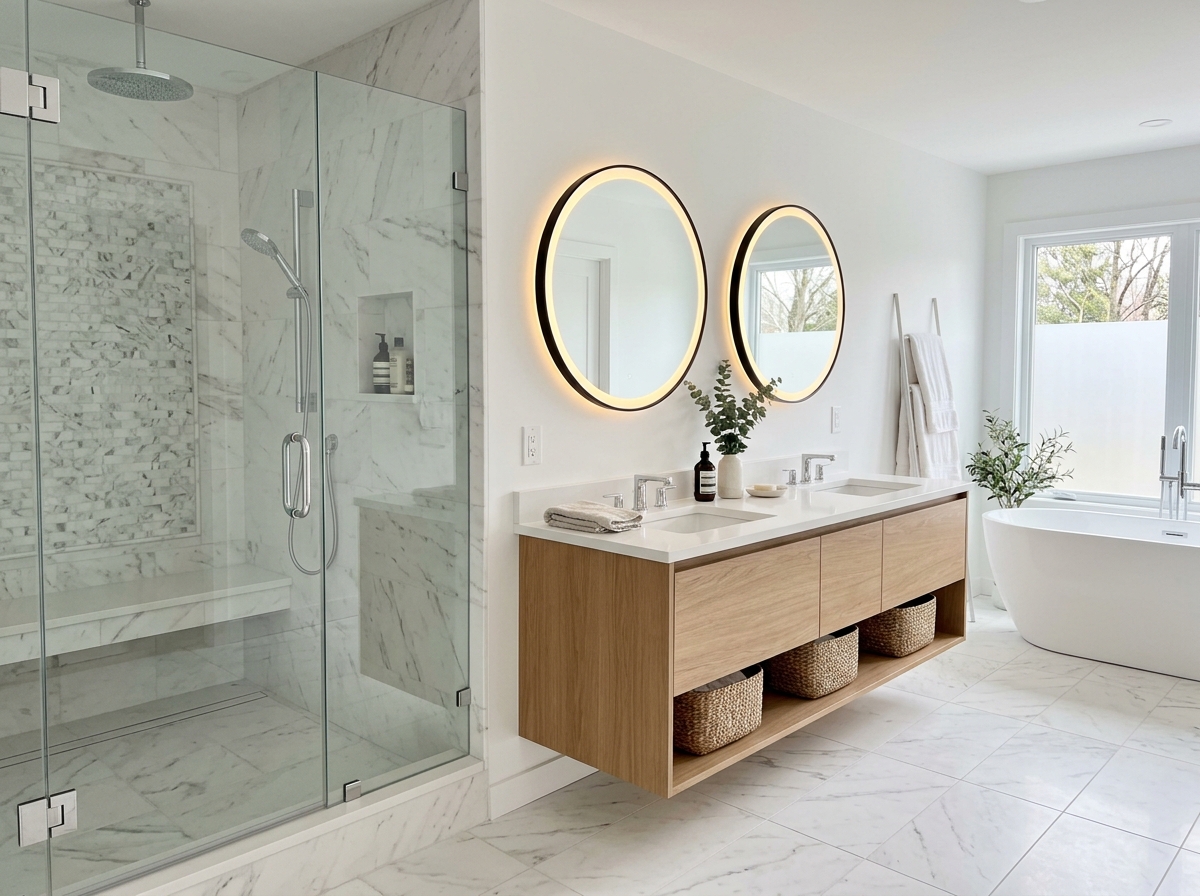 Luxury master bathroom remodel with frameless glass shower